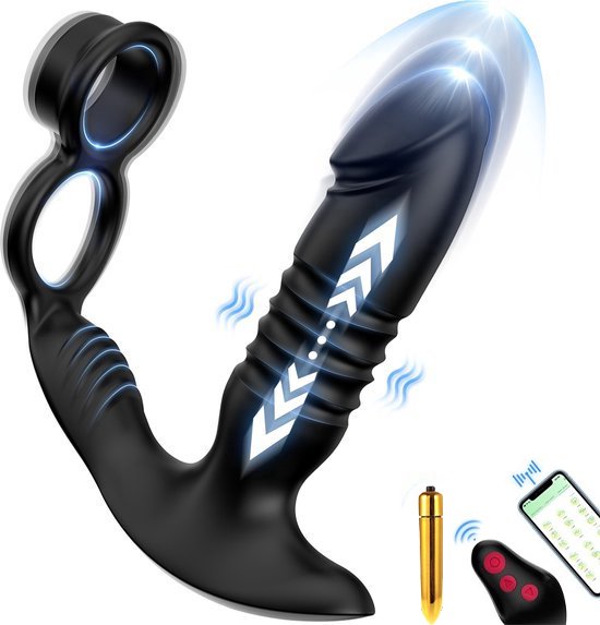 Foto: Lovevlijt krachtige prostaat stimulator met cockring en balzakring 7 vibratie en stootstanden telescopische bewegingen vibrerende butplugg anaal dildo voor mannen oplaadbaar driedubbele stimulatie op afstand inclusief vibrator app