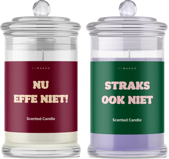Kaarsen Duo Lavendel & Cotton - Nu Effe Niet - Straks Ook Niet - Grappige Cadeaus Voor Ontspanning met Humor - Verjaardag Cadeau voor man, vrouw - Geschenkset - Kerstcadeau