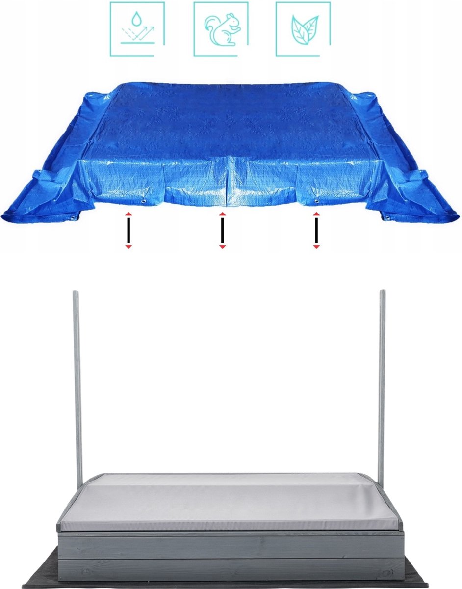 Afsluitbare XL Zandbak met Dak 140x140 cm – Gecertificeerd & Geïmpregneerd Hout | Incl. AFDEKZEIL, GRONDDOEK & Montagevideo | Voor 2-3 Kinderen | Grijs — afbeelding 10