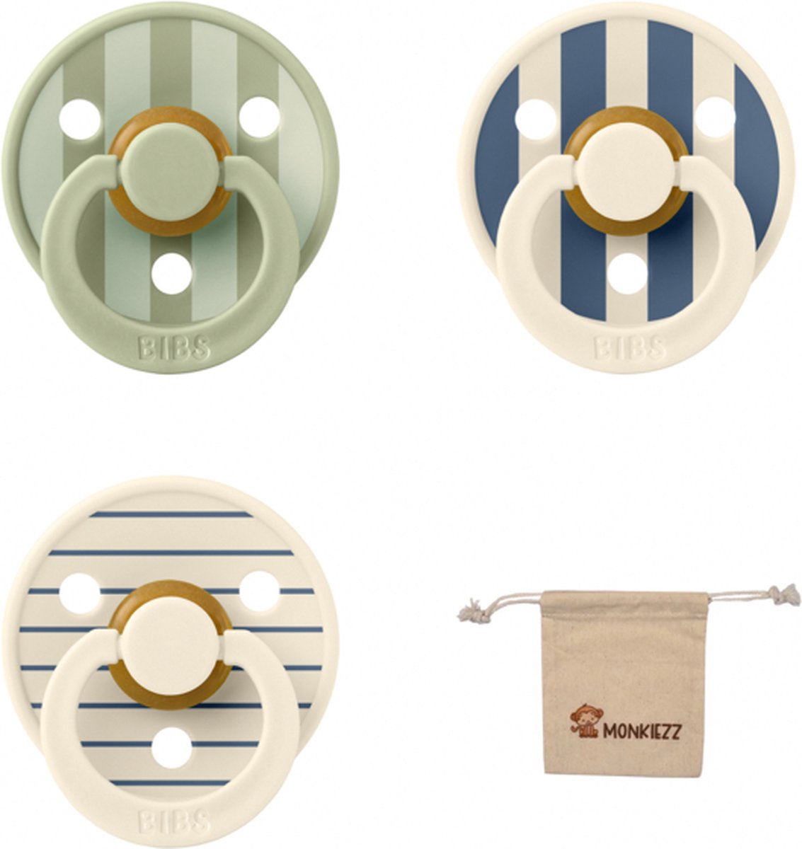 Goedkoopste Bibs studio fopspenen maat 1 (0-6 maanden) Set 3 fopspenen speenzakje - Block Steel Blue, Block Sage, Pin Ivory/Steel Blue