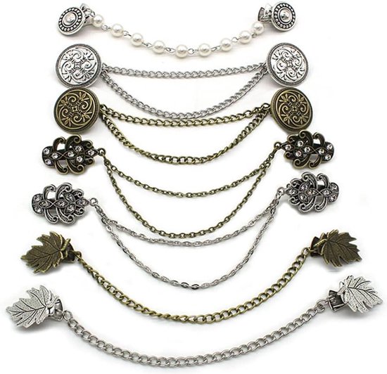 Lot de 7 pinces à foulard rétro pour pull, gilet, robe, col, avec chaîne, pour femmes et filles