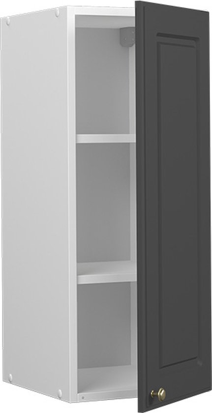 Armoire de salle de bain anthracite avec bouton doré, porte ouverte.