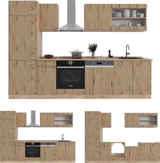 Meuble de cuisine complet Vicco R- Line, Chêne artisanal/Chêne kraft doré/Chêne puissant doré, 300 cm sans plan de travail
