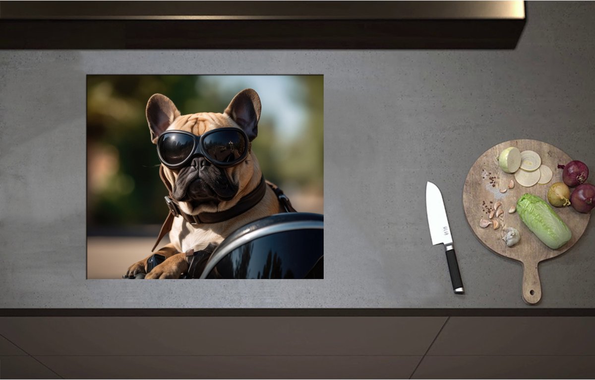 Inductieplaat Beschermer - Bulldog Hond met Zonnebril Rijdend op Motor - 60x52 cm - 2 mm Dik - Inductie Beschermer - Bescherming Inductiekookplaat - Kookplaat Beschermer van Zwart Vinyl