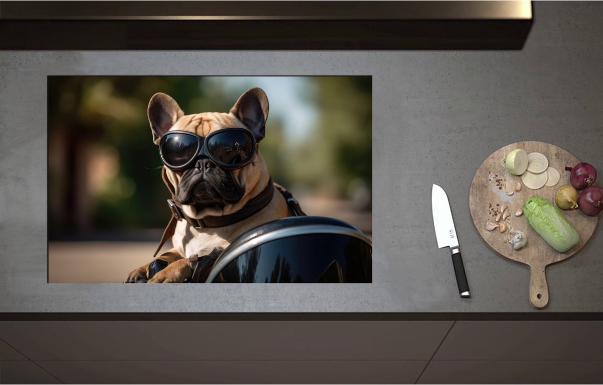 Inductieplaat Beschermer - Bulldog Hond met Zonnebril Rijdend op Motor - 80x52 cm - 2 mm Dik - Inductie Beschermer - Bescherming Inductiekookplaat - Kookplaat Beschermer van Wit Vinyl