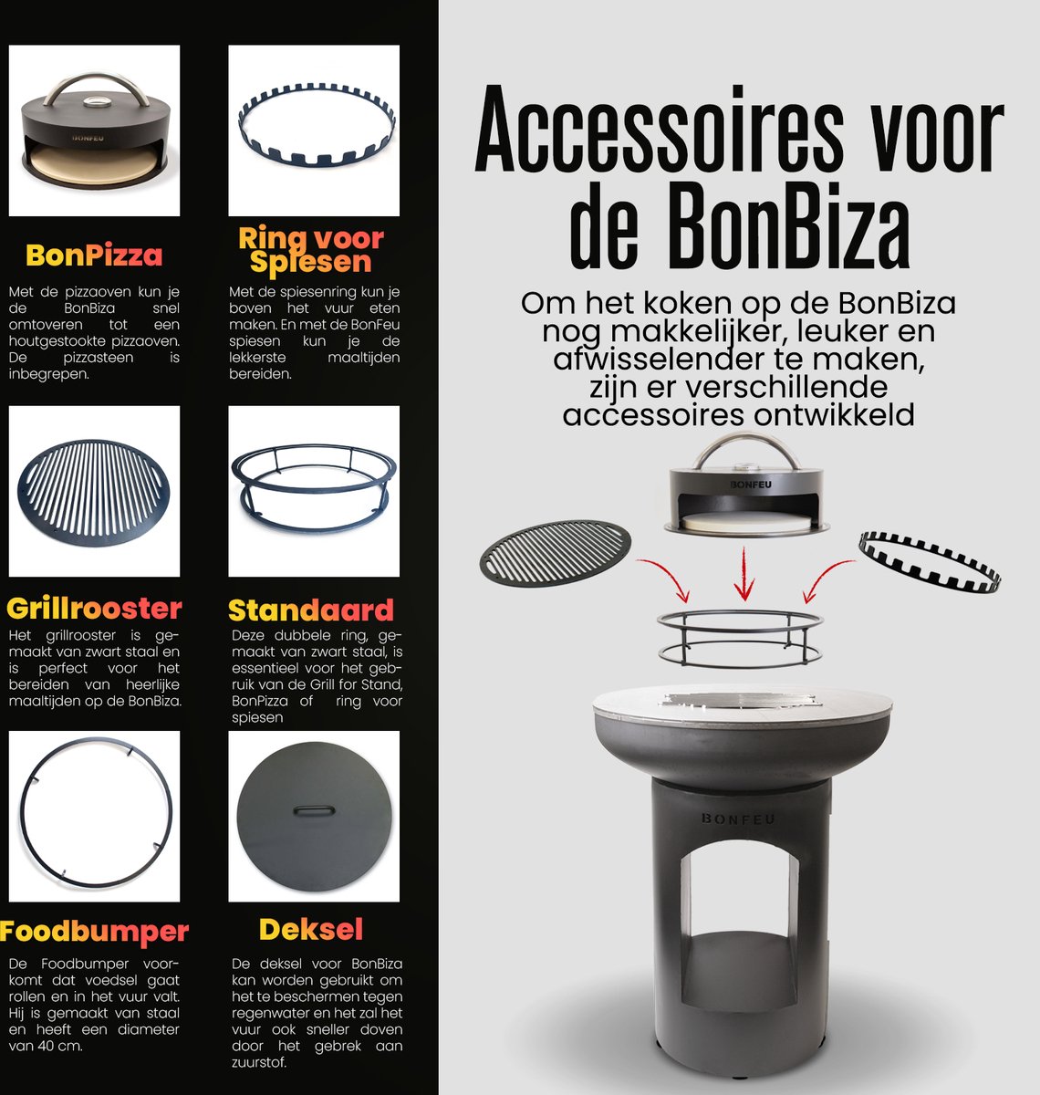 BonFeu BonBiza Open Vuurschaal 80 cm - Met Plancha en Houtopslag - Zwart