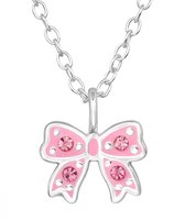 Joy|S - Zilveren strik hanger met ketting - roze strikje met kristal - ketting 39 cm (verstelbaar 36 cm of 39 cm)