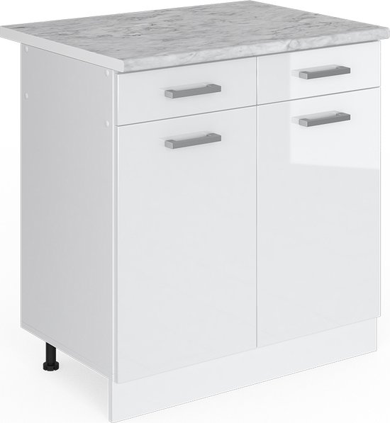 Vicco Élément bas de cuisine R- Line, Wit/ Wit, 80 cm, WB Marbre