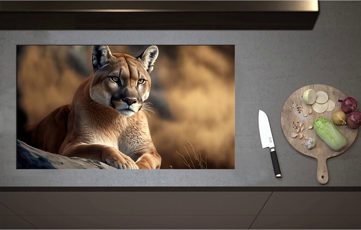 Inductieplaat Beschermer - Cartoon van Puma Liggend op Grijze Rots in Natuurgebied - 90x52 cm - 2 mm Dik - Inductie Beschermer - Bescherming Inductiekookplaat - Kookplaat Beschermer van Wit Vinyl
