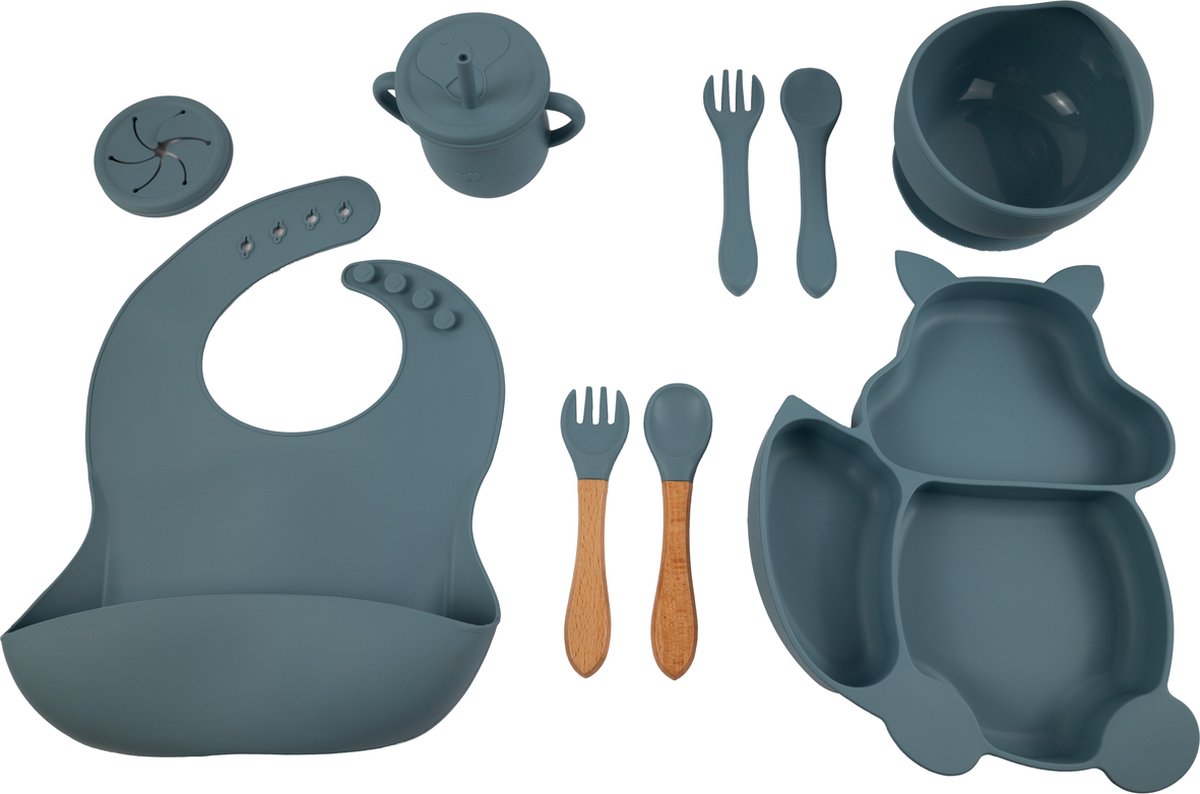 Goedkoopste Honeybears – Siliconen kinderservies set 9 delig – Kinderbord zuignap – Kraamcadeau - Kinderbestek - Siliconen eetset – Baby drinkbeker - BPA vrij – Blauw