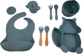 Honeybears - Service de table enfant en Siliconen 9 pièces - Bavoir Bébé - Service à manger en Siliconen - Couverts Bébé - Sans BPA - Blauw
