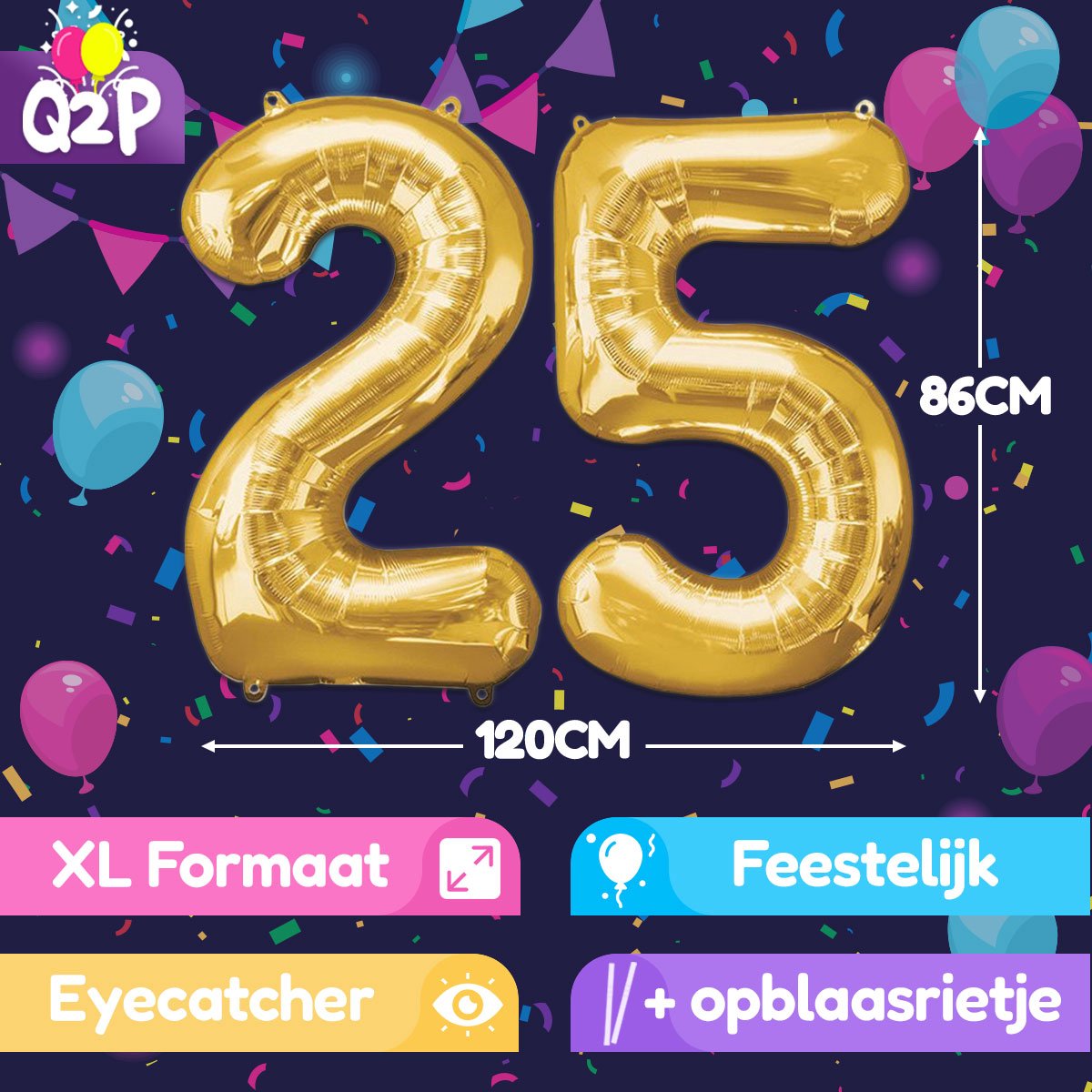 Ballon Cijfer 25 Jaar Goud Verjaardag Versiering Gouden Helium Ballonnen Feest Versiering 86 Cm XL Formaat Met Rietje — afbeelding 2
