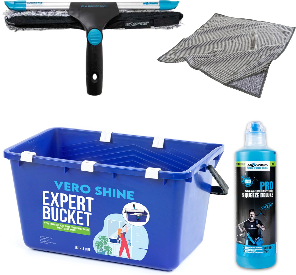 Goedkoopste Vero Shine Glazenwasserset Professioneel met Raamwisser met Inwasser (35 cm), Expert Bucket (18l), Glaswas (500ml) en Microvezeldoek (40x40cm