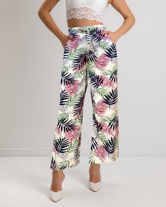 Dames Lange Culotte | Wijde Zomer Broeken | Wide-leg Trousers Palmblad | Wit | Maat 38