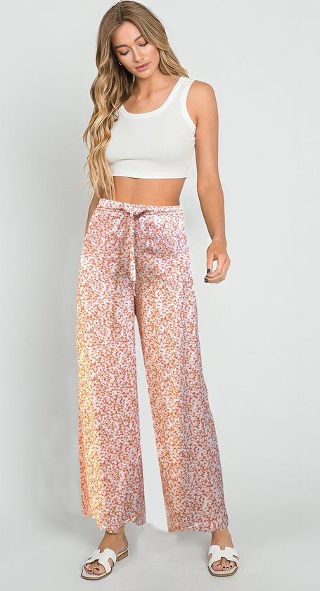 Dames Lange Culotte | Wijde Zomer Broeken | Wide-leg Trousers | Oranje Bloemen | Maat 42