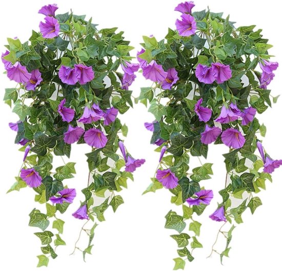 2 stuks kunstmatige hangende bloem, nep plastic kunstbloemen, wijnstok ochtendglorie, voor hek binnen buiten tuin veranda dakrand bruiloft muur decor