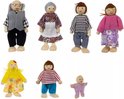 Set van 7 houten poppen voor een poppenhuis, inclusief grootouders, ouders, kinderen en baby.