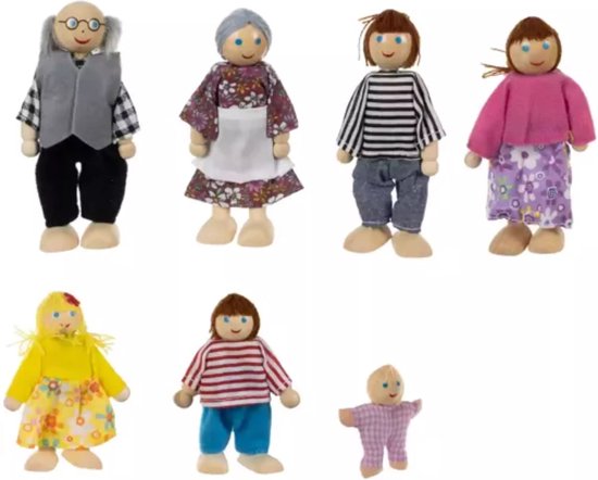 Set van 7 houten poppen voor een poppenhuis, inclusief grootouders, ouders, kinderen en baby.