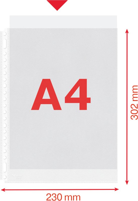 Twee transparante A4 insteekhoezen met perforaties, afmetingen 230 x 302 mm.
