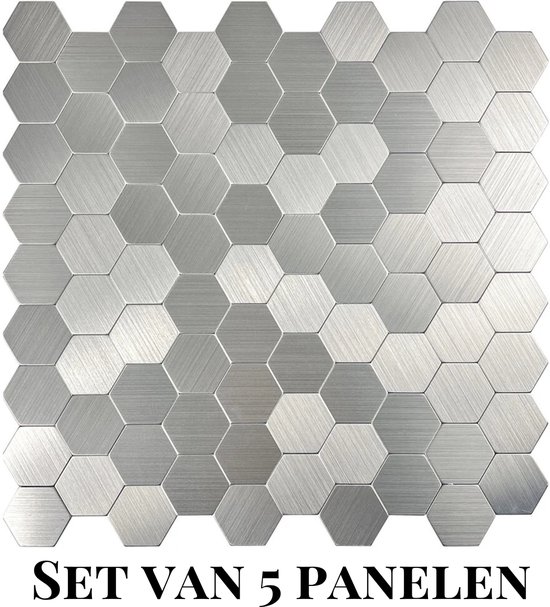 Zilverkleurige hexagon tegels met geborstelde afwerking, set van 5 panelen.