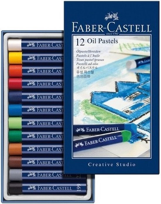Faber-Castell 12 oliepastels in blauwe doos, met logo en illustratie van pasteltekening.