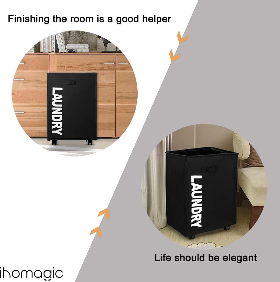 Goedkoopste Rollende wasmand op wielen met trekkoordsluiting - opvouwbare opbergmand - 65 liter - slaapkamer badkamer - zwart