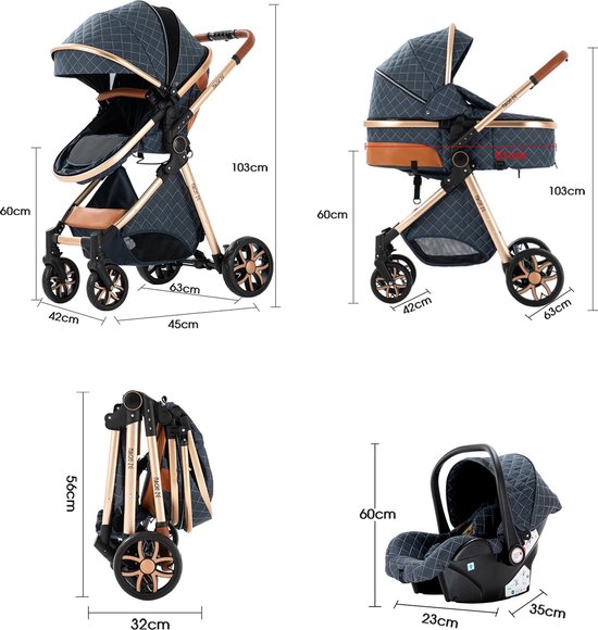 Eszenzics™ Kinderwagen 3-in-1 - incl. Autostoel - Multifunctionele 3-in-1 Buggy - 20kg - Diepgrijs van Eszenzics™ — afbeelding 2