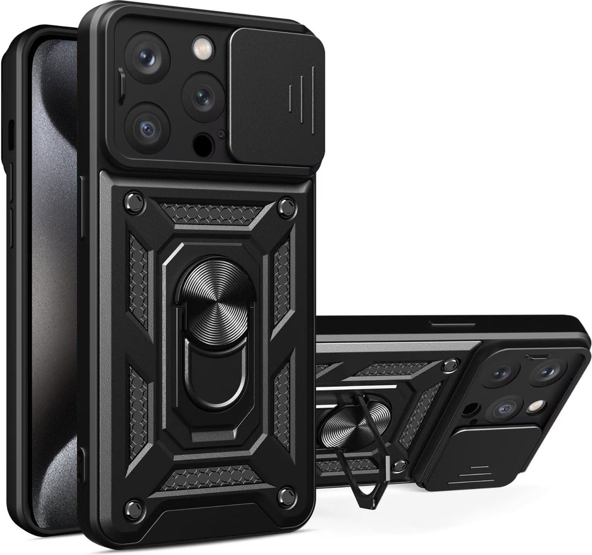 Hoesje geschikt voor iPhone 15 Pro met Ringhouder en Camera schuifje – Zwart
