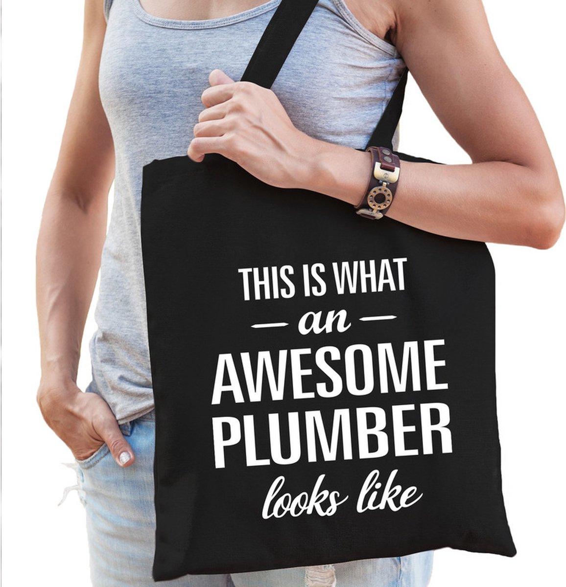 Awesome plumber / geweldige loodgieter cadeau katoenen tas zwart voor dames - kado tas / beroepen / tasje / shopper