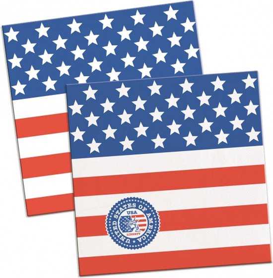 40x Amerikaanse vlag/USA themafeest servetten 25 x 25 cm papier - Thema papieren wegwerp tafeldecoraties