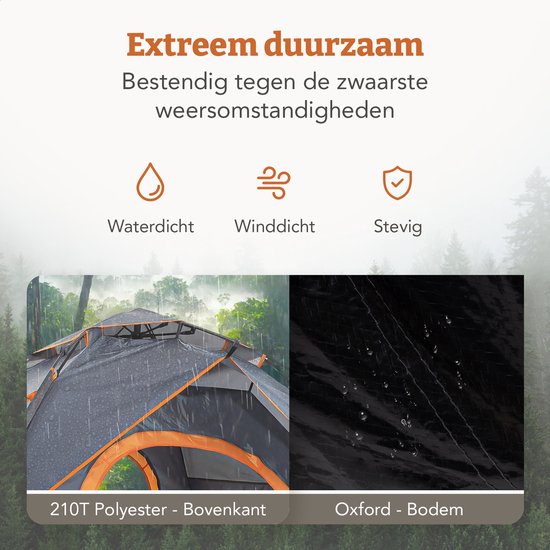 Automatische tent met oranje binnenzijde, waterdicht, winddicht en stevig. Gemaakt van 210T polyester bovenzijde en Oxford bodem.