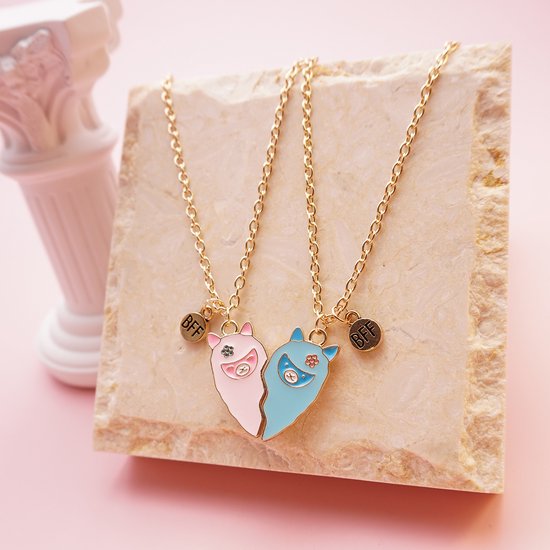 Kasey Friendship Necklace Alpacas BFF - BFF Necklace For 2 - Colliers d'amitié - Cadeau d'amitié - Rose & Bleu clair - Couleur or
