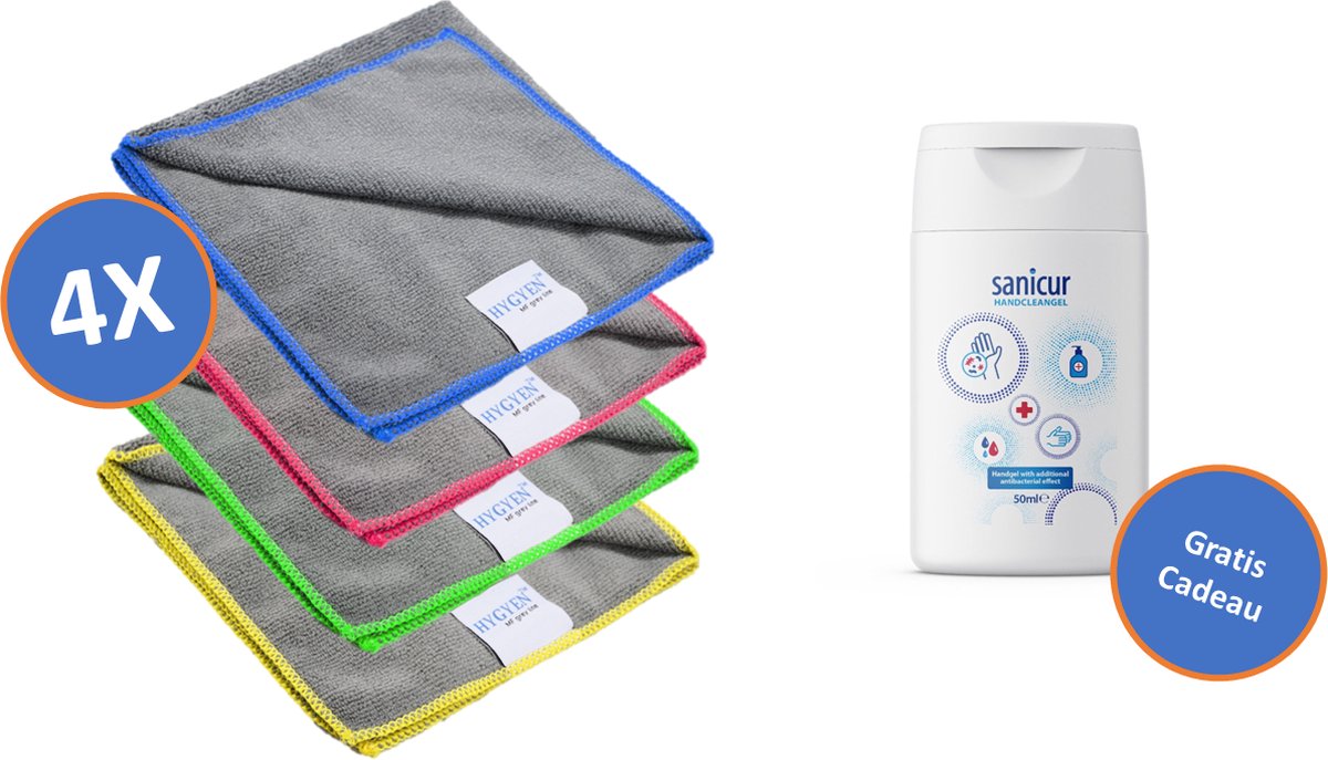 Goedkoopste 4 x Professionele Zwaar Uitgevoerde Microvezeldoek MF Grey Line, Rood, Blauw, Geel & Groen - Gratis Sanicur Handgel 50ml