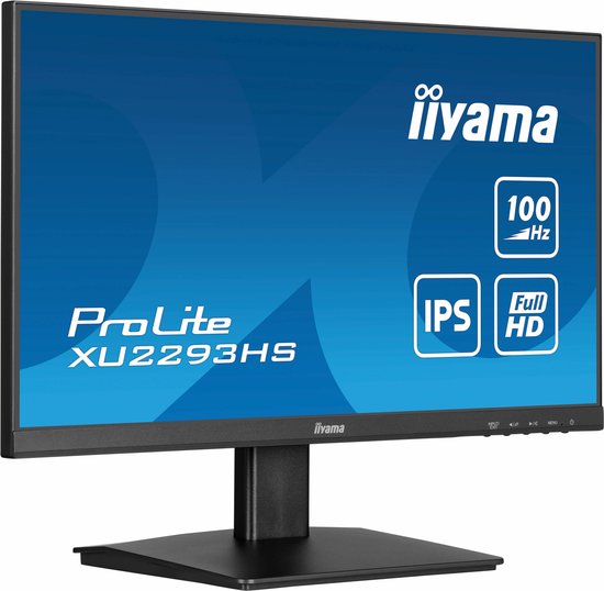 Schuine weergave van een 21.5-inch Full HD IPS monitor van 'iiyama' met 100 Hz.