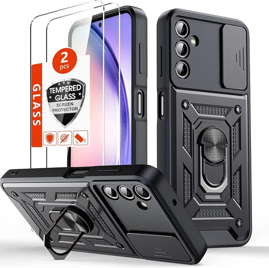 Casemania Coque pour Samsung Galaxy A05s - Zwart et 2 films de protection d'écran en Verres - Armure hybride anti-choc avec Ring de béquille et Protection d'appareil photo