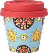 Quy Cup - 90ml Ecologische Reis Beker - Espressobeker “Sicily - Sicilië” met Rode Siliconen deksel 7x7x7cm
