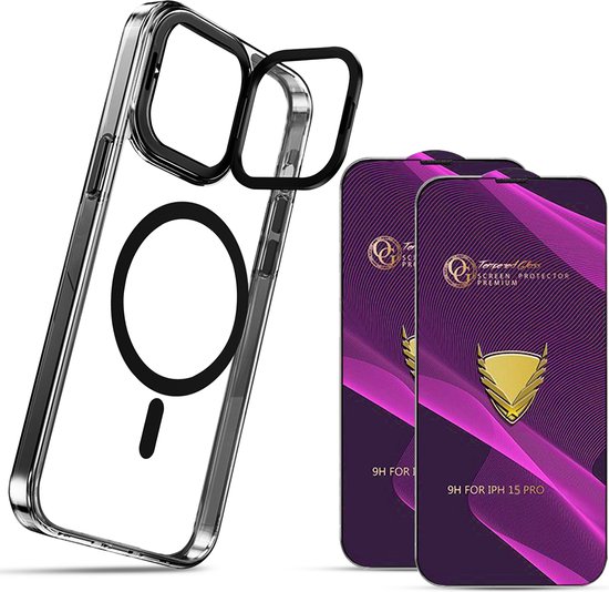 Doorzichtig telefoonhoesje met MagSafe cirkel en twee screenprotectors voor iPhone 15 Pro.