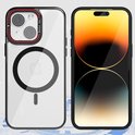Transparant hoesje voor iPhone 14 met MagSafe cirkel, naast een iPhone 14 met scherm.