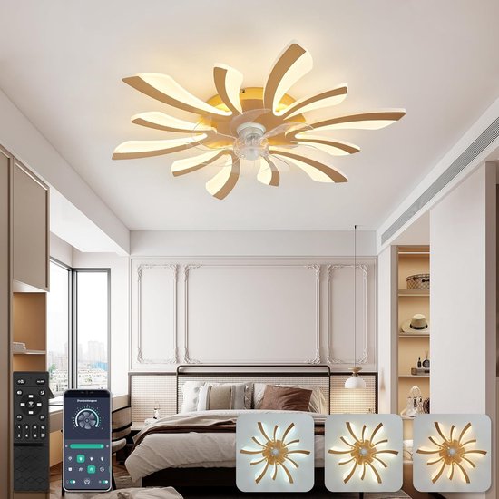 LuxiLamps - 5 Vleugel Ventilator Lamp - Dimbaar Met Afstandsbediening - Goud - Plafondventilator Met LED - Woonkamerlamp - Moderne lamp - Plafonniere