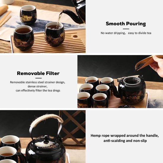TEANAGOO Complete Japanse Theeset met Dienblad, Charcoal Grey, Chinees Porseleinen Theeset, 1 Theepot (700ml/25oz) 6 Theekopjes (205ml/7.2oz), U1, Thee Dienblad met Afvoerpijp