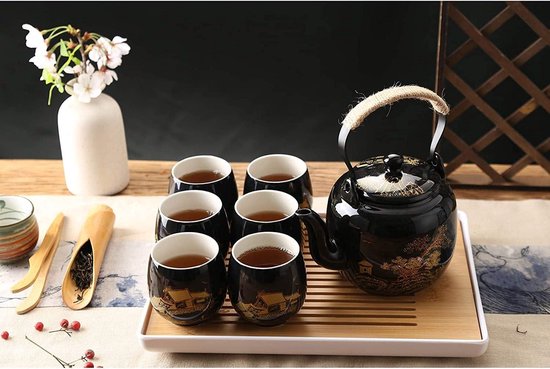 DUJUST Japanse theeservies voor 6 personen, ovenveranderd glazuur porseleinen theeset met 1 theepot, 6 theekopjes en 1 theeblad, unieke Chinese theeserviezen voor volwassenen/theeliefhebbers/vrouwen