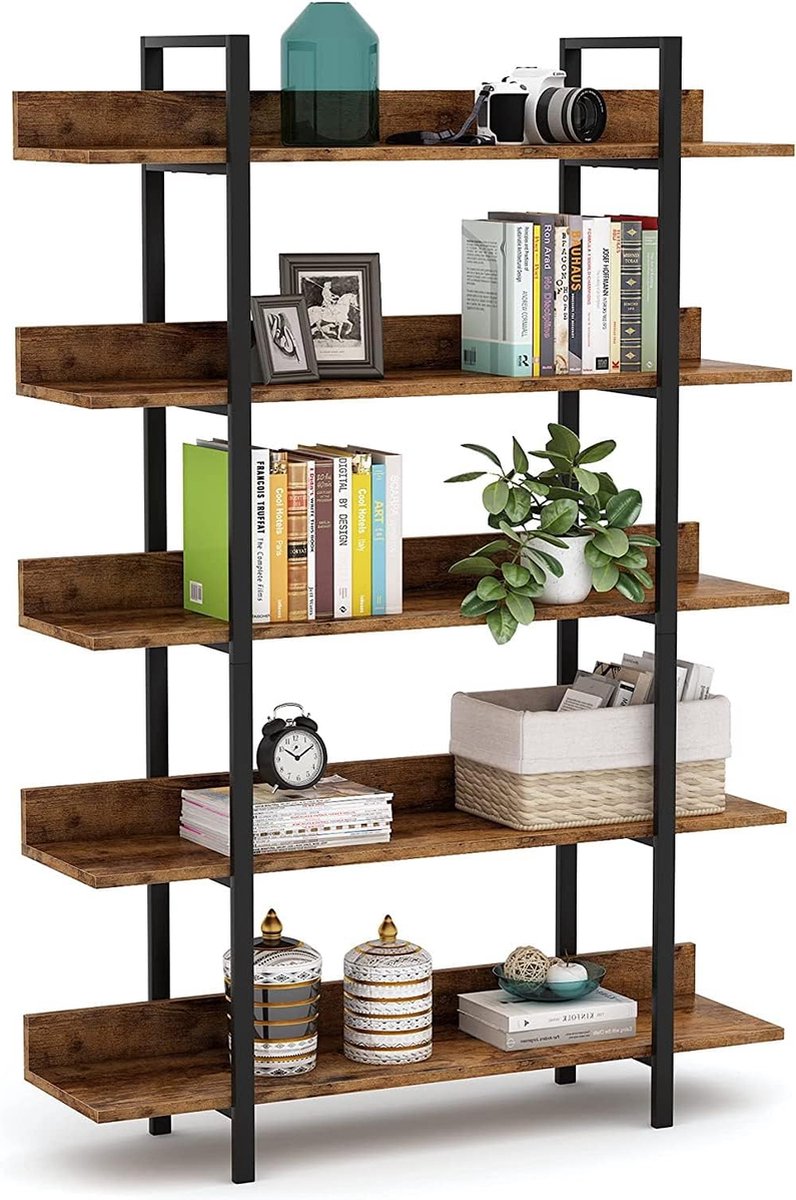 Tribesigns Boekenrek - Boekenkast Industrieel - 5 Lagen - Hout/Metaal - Bruin/Zwart - 105 x 33 x 180cm