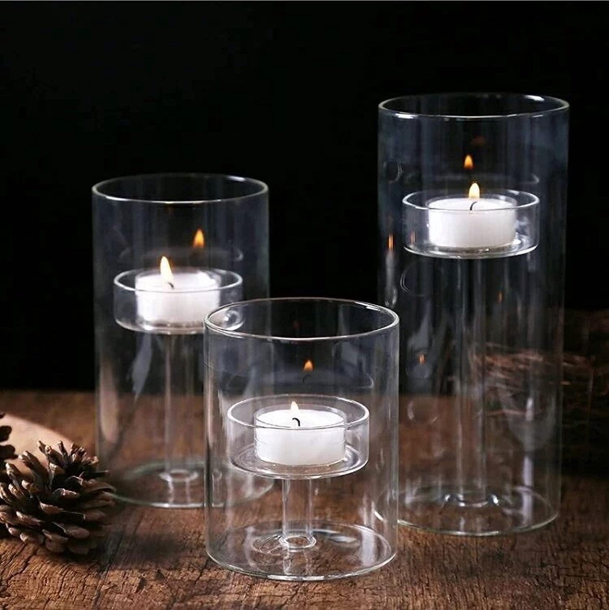 yshengood Grote glazen orkaan kaarsenhouder set van 3 stuks, zwart frame en glazen orkaan kandelaars