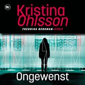 Boekomslag met de titel 'Ongewenst'. Silhouet van een vrouw staat voor een metro met neonblauwe lijnen.