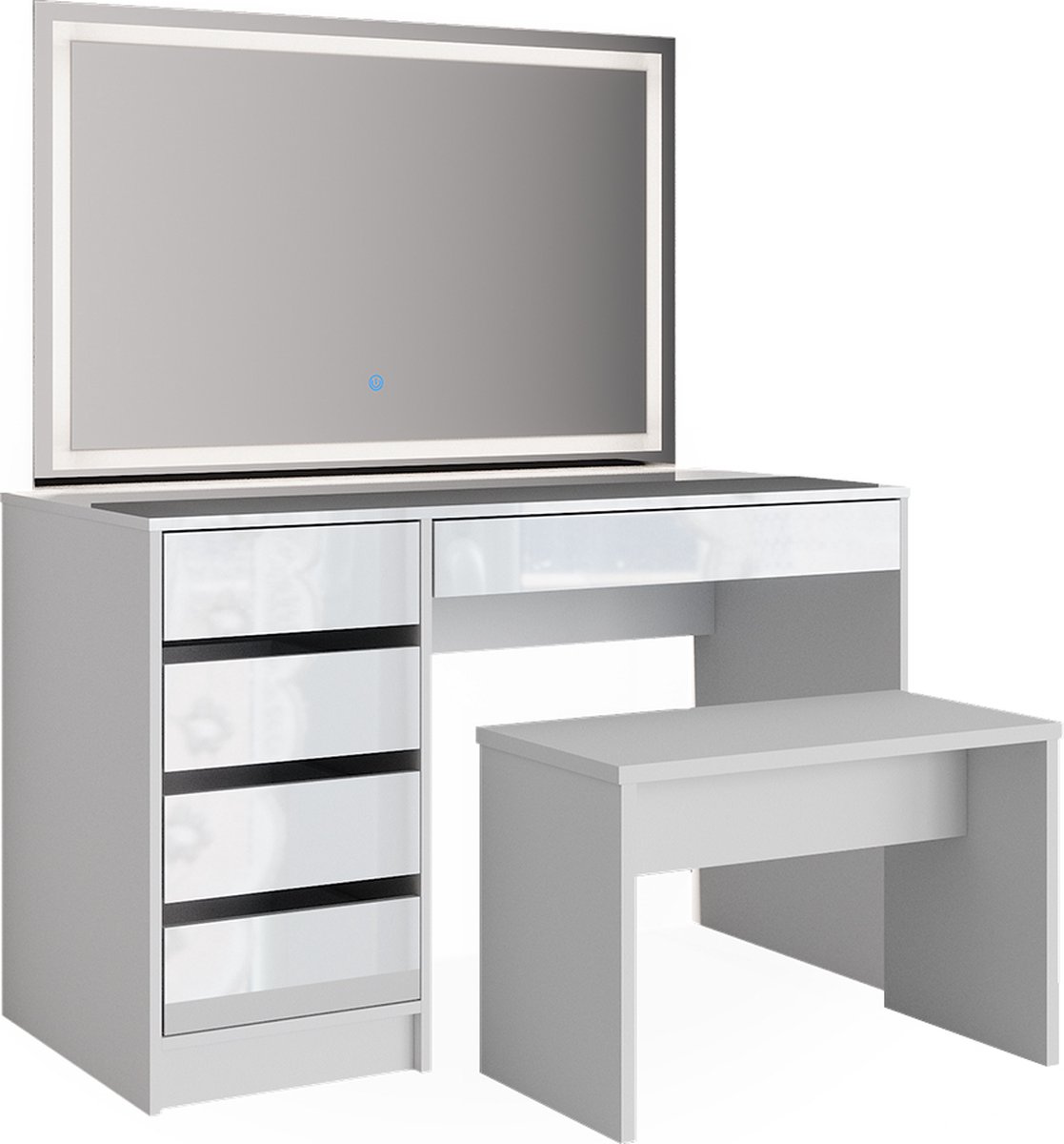 Vicco Kaptafel set met kruk Sherry, Wit, 120 cm met LED-spiegel en bankje