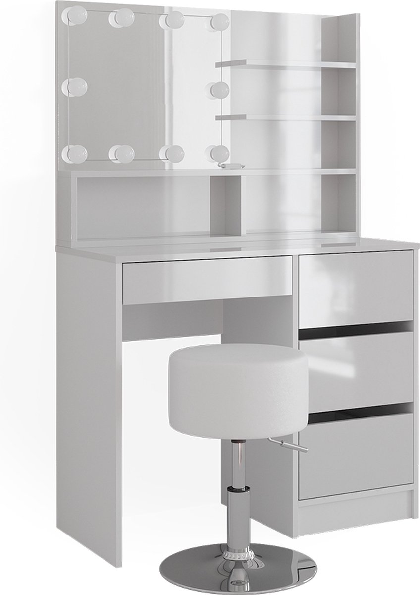 Vicco Kaptafel set met kruk Sherry, Wit, 90 cm met spiegelrek en LED-lichtslinger