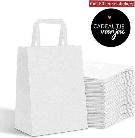 50 x witte papieren draagtassen In Kraftpapier Met Platte Oren 18x8x22cm en stickers. bol