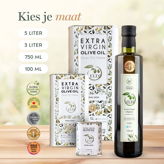 Een collectie van ELEO olijfolie flessen en blikken in verschillende maten, met medailles.