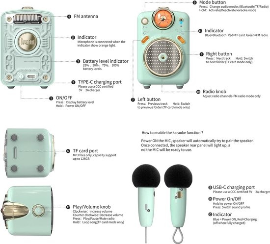 Divoom Fairy-OK Retro - Mini Karaoke Speaker - Inclusief Microfoon - Mint Groen van Divoom — afbeelding 3