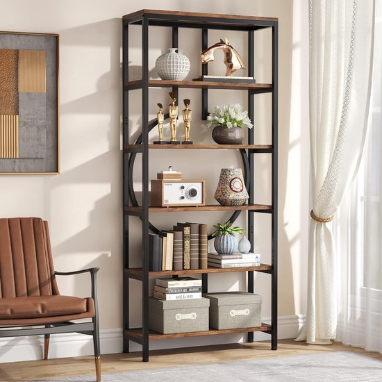 Tribesigns Boekenkast - Boekenrek met 5 Planken - Industrieel Vintage - Geometrisch Ontwerp - Bruin/Zwart - 70 x 30 x 180 cm